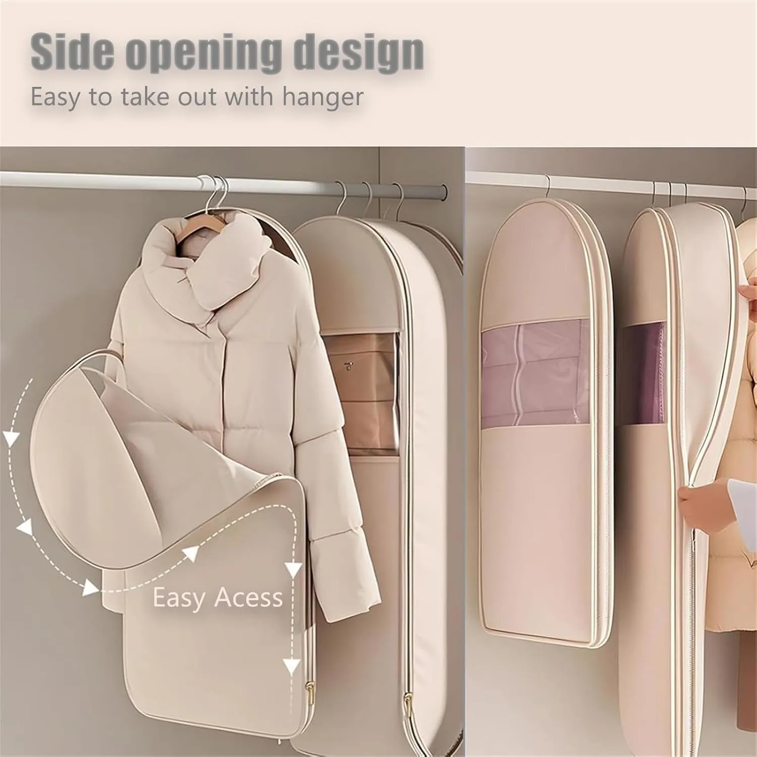 Space Saving Hanging Garment Bag with Self Compression Zipper, Space Saver Closet Organizers, Dust Cover Clothes Bags for Down Coat, for Closet Storage (Pink, Medium)