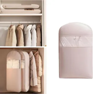 Space Saving Hanging Garment Bag with Self Compression Zipper, Space Saver Closet Organizers, Dust Cover Clothes Bags for Down Coat, for Closet Storage (Pink, Medium)