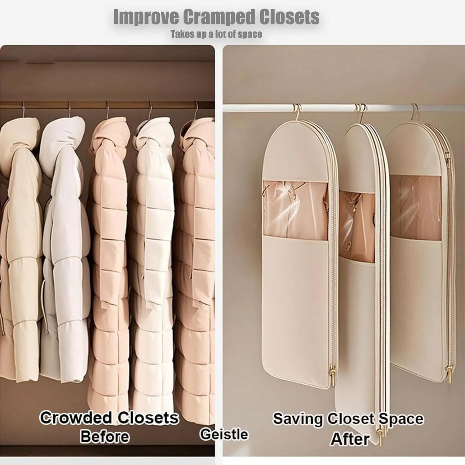 Space Saving Hanging Garment Bag with Self Compression Zipper, Space Saver Closet Organizers, Dust Cover Clothes Bags for Down Coat, for Closet Storage (Pink, Medium)