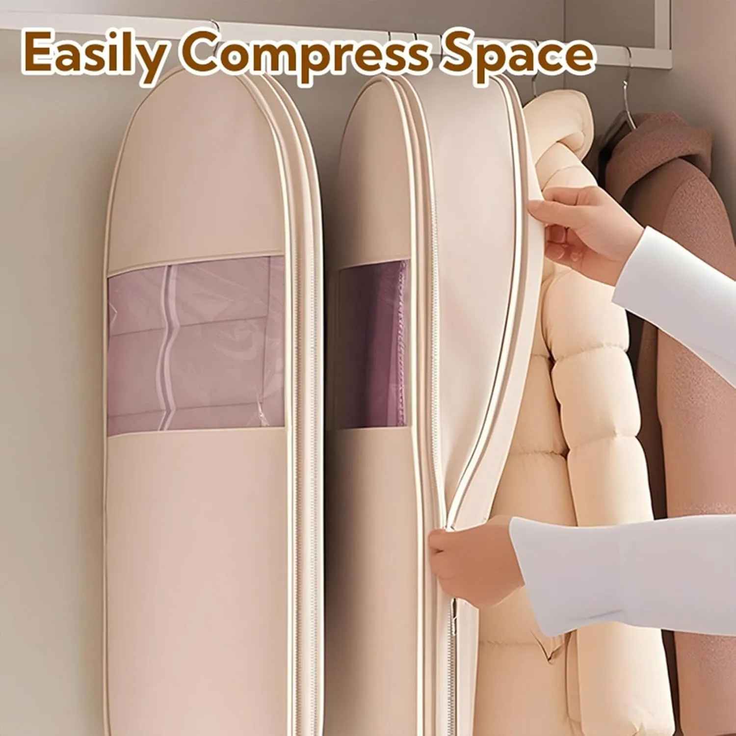 Space Saving Hanging Garment Bag with Self Compression Zipper, Space Saver Closet Organizers, Dust Cover Clothes Bags for Down Coat, Protects Clothes from Wrinkles (Pink,Medium)