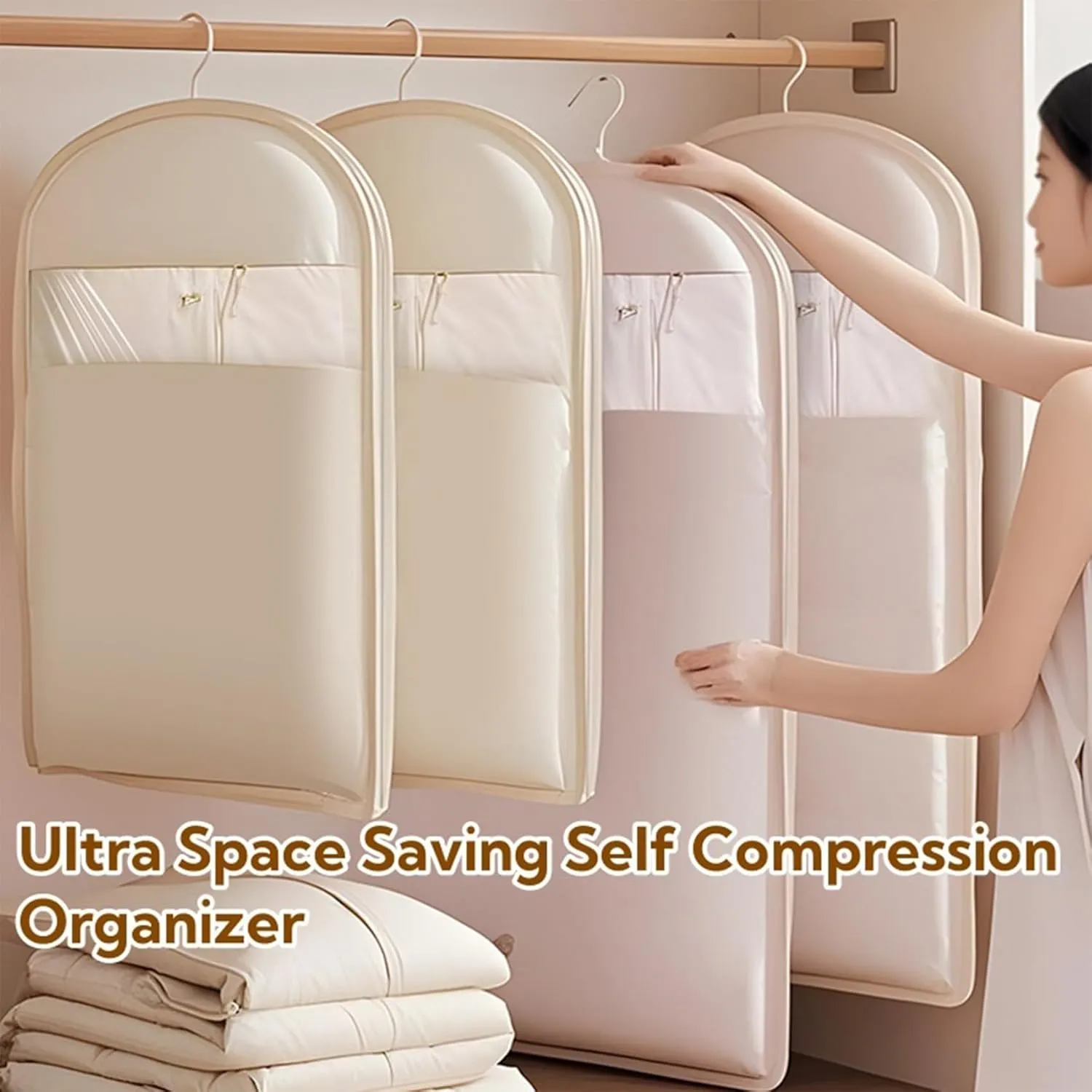 Space Saving Hanging Garment Bag with Self Compression Zipper, Space Saver Closet Organizers, Dust Cover Clothes Bags for Down Coat, Protects Clothes from Wrinkles (Pink,Medium)
