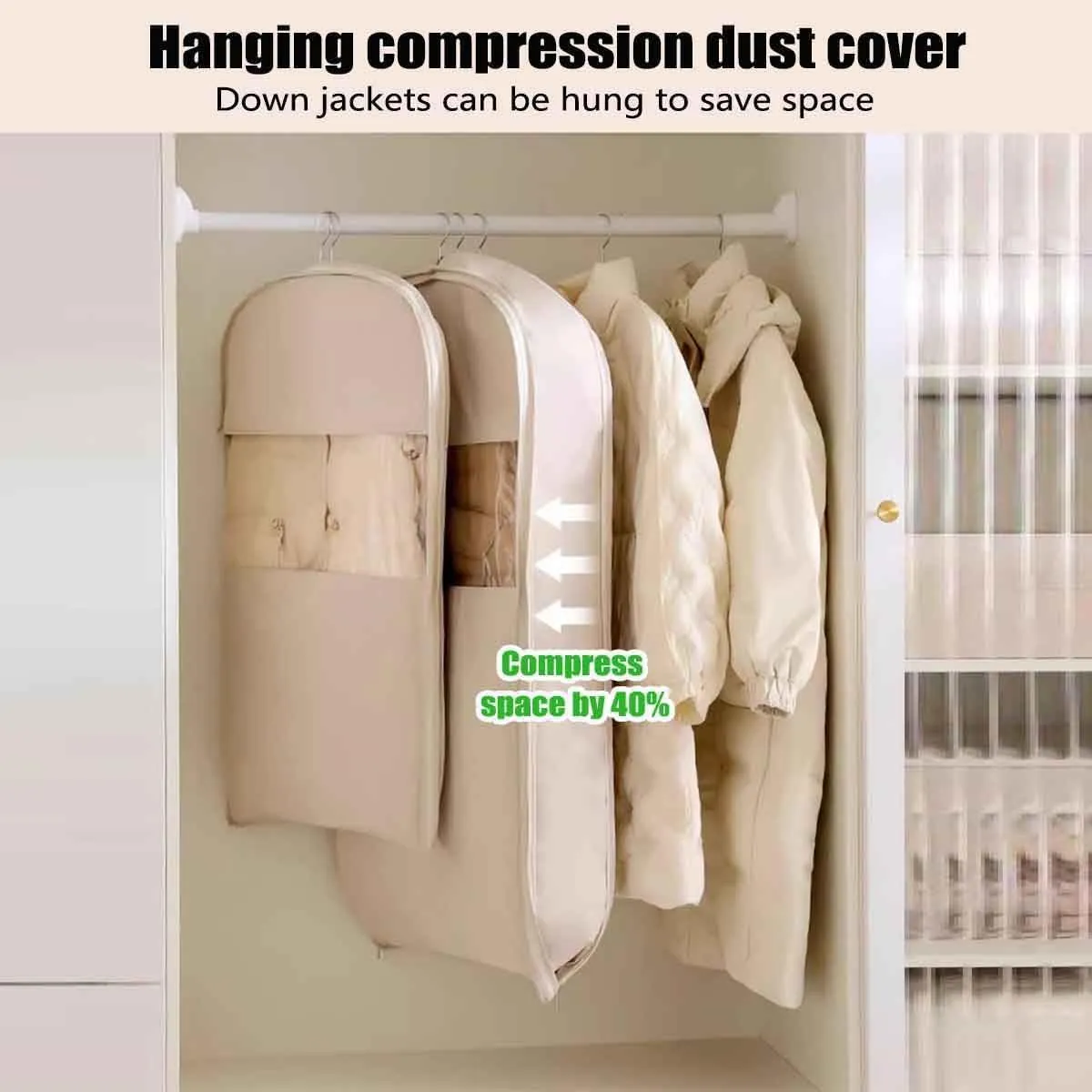 Space Saving Hanging Garment Bag with Self Compression Zipper, Space Saving Garment Bags, Space Saving Garment Bag, for Coats, Down Jackets, Suits, Skirts, Dust (Apricot-130cm)