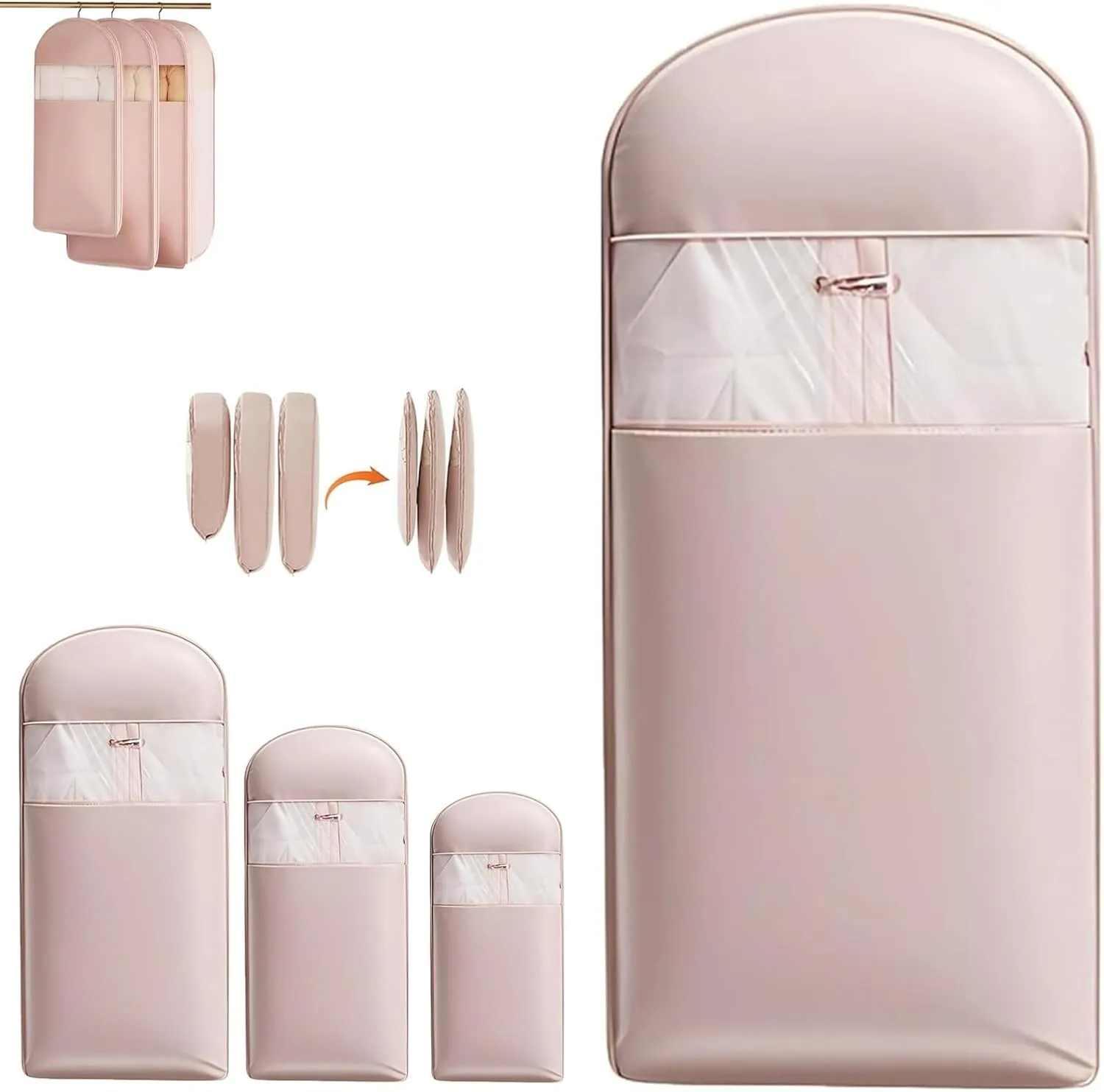 Space Saving Hanging Garment Bag with Self Compression Zipper, Thickened -No odor, Self Compression Zip Garment Bags, Down Coat Compression Dust Cover for Closet Storage (Pink, X-Large)