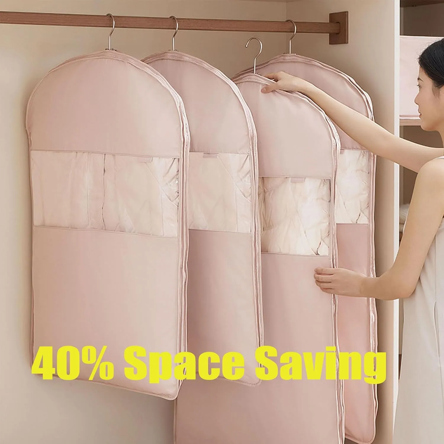 Space Saving Hanging Garment Bag with Self Compression Zipper, Ultra Space Saving Self Compression Hanging Organizer & Protector (Beige,Medium)