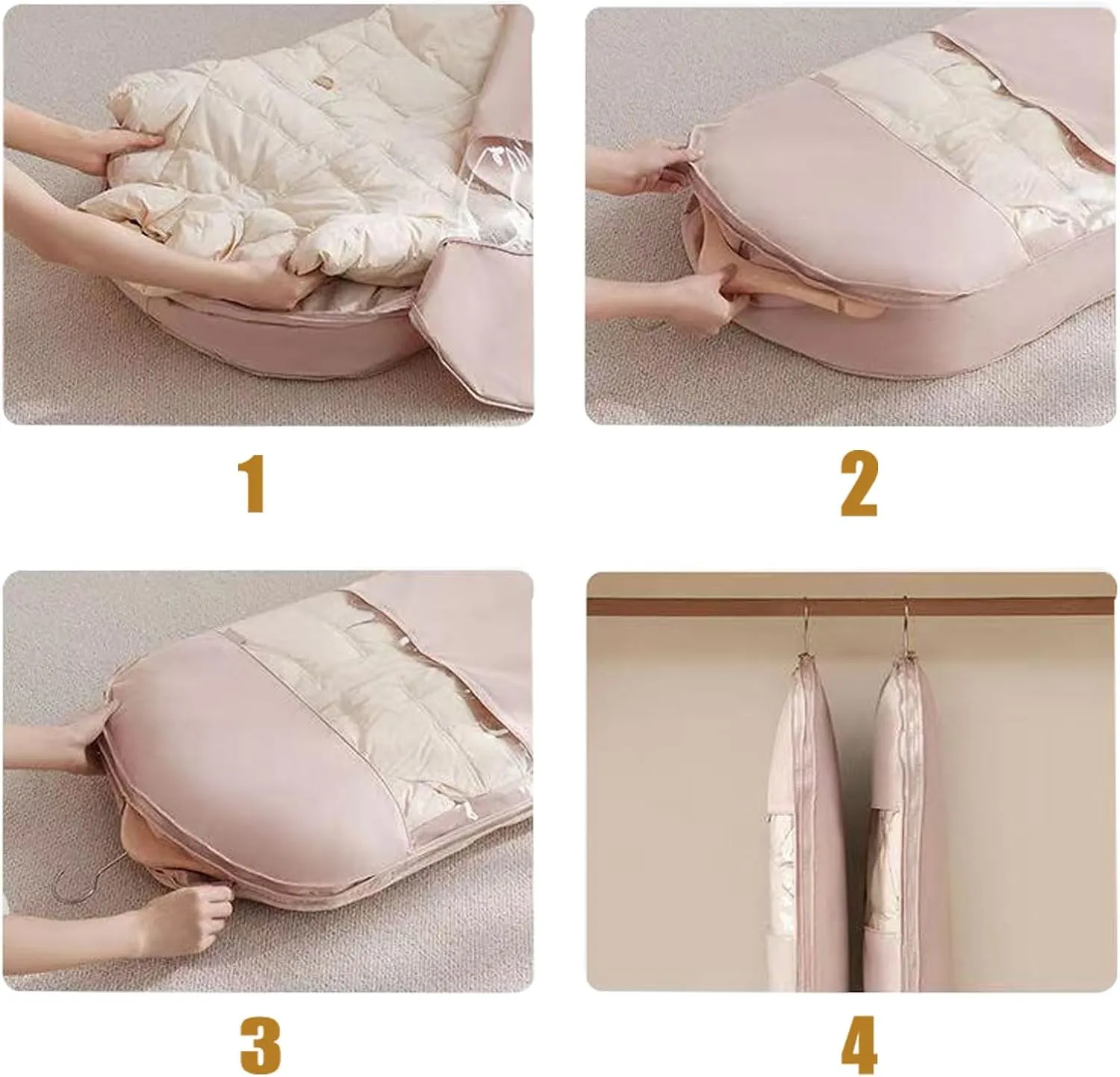 Space Saving Hanging Garment Bag with Self Compression Zipper, Ultra Space Saving Self Compression Hanging Organizer & Protector (Beige,Medium)