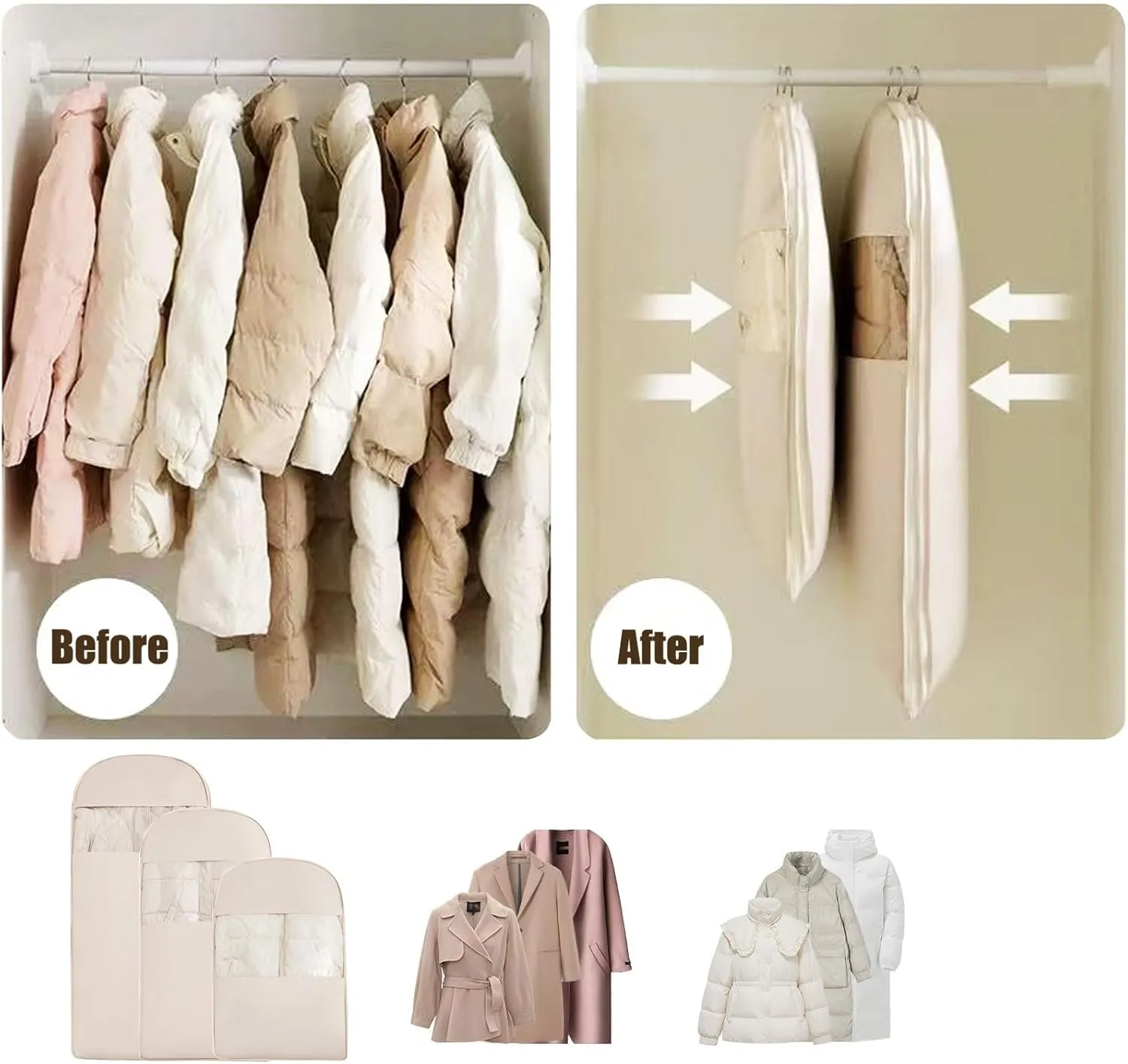 Space Saving Hanging Garment Bag with Self Compression Zipper, Ultra Space Saving Self Compression Hanging Organizer & Protector (Beige,Medium)
