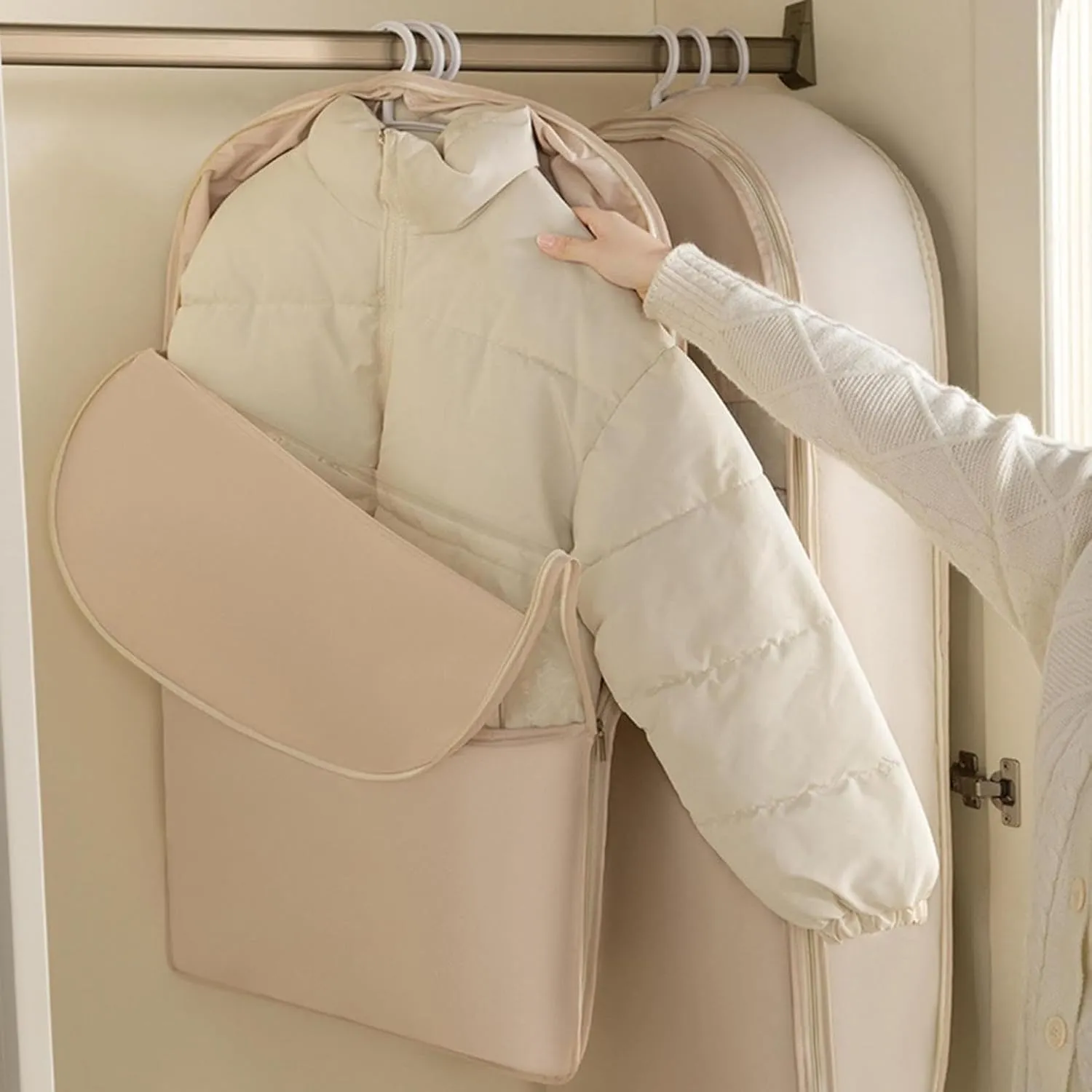 Space Saving Hanging Garment Bag with Self Compression Zipper, Upgrade Dust-Proof Clothes Storage for Down Coats, Jackets & Sweaters, Heavy Duty Closet Organizer with Translucent Design (Pink, M)