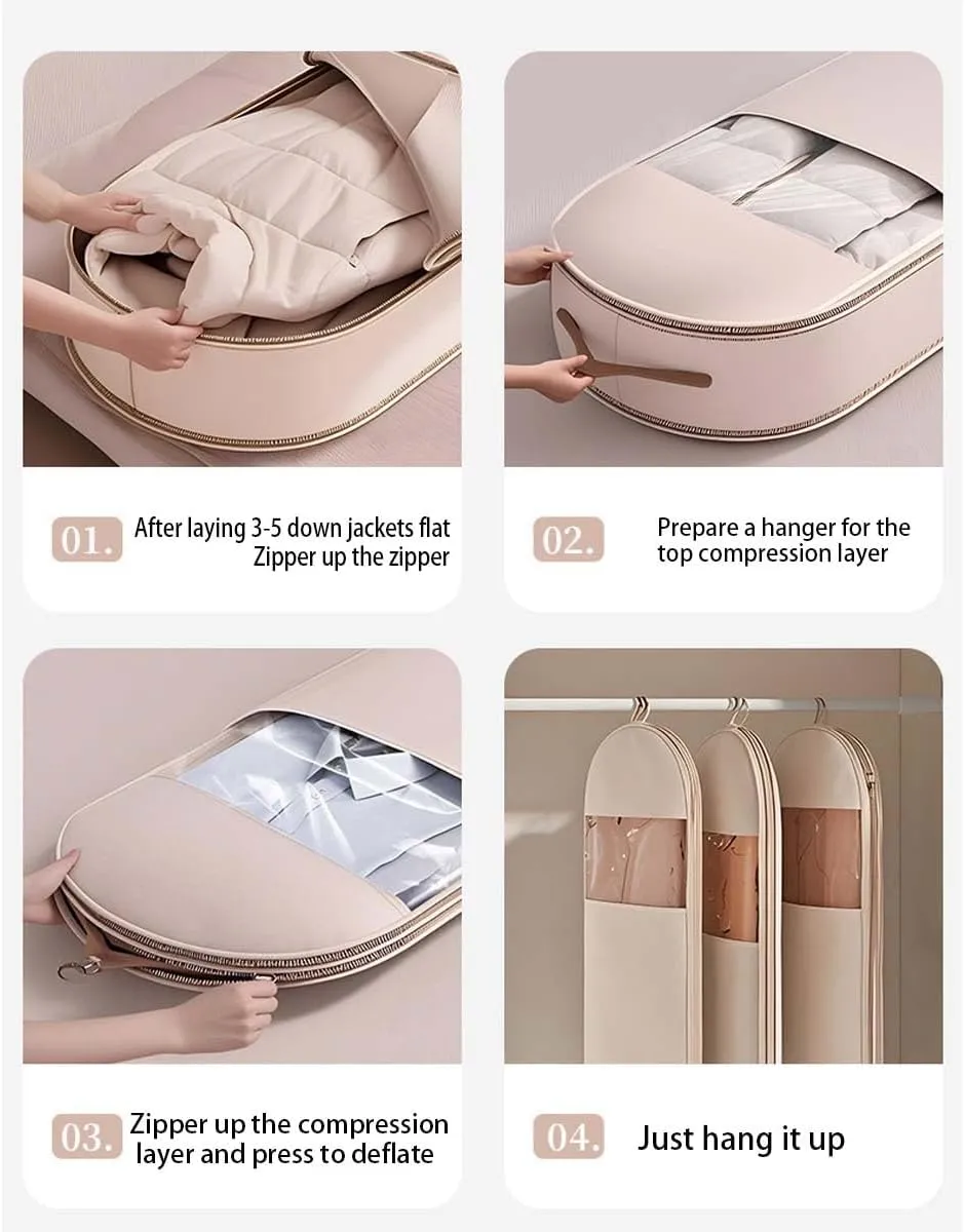 Space Saving Hanging Garment Bag with Self - Compression Zipper, Waterproof, with Convertible Compartment, Perfect for Home, Compresses Down Jackets, Coats & Other Bulky Garments for Neat Storage(1pcs