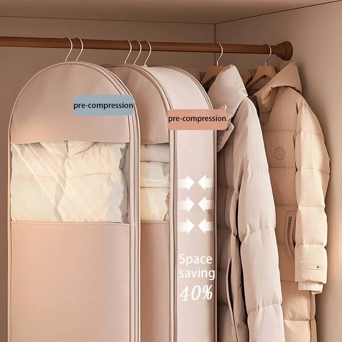Space Saving Hanging Garment Bag with Self - Compression Zipper, Waterproof, with Convertible Compartment, Perfect for Home, Compresses Down Jackets, Coats & Other Bulky Garments for Neat Storage(1pcs