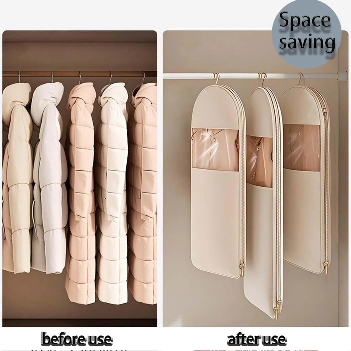 Space Saving Hanging Garment Bag with Self - Compression Zipper, Waterproof, with Convertible Compartment, Perfect for Home, Compresses Down Jackets, Coats & Other Bulky Garments for Neat Storage(1pcs