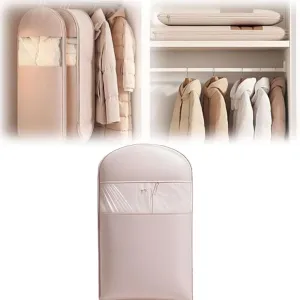 Space Saving Hanging Garment Bag With Self Compression Zipper, Winter Coat Storage Bags, Garment Bags for Hanging Clothes, Heavy Duty Clear Bag for Down Coat (Pink,M)