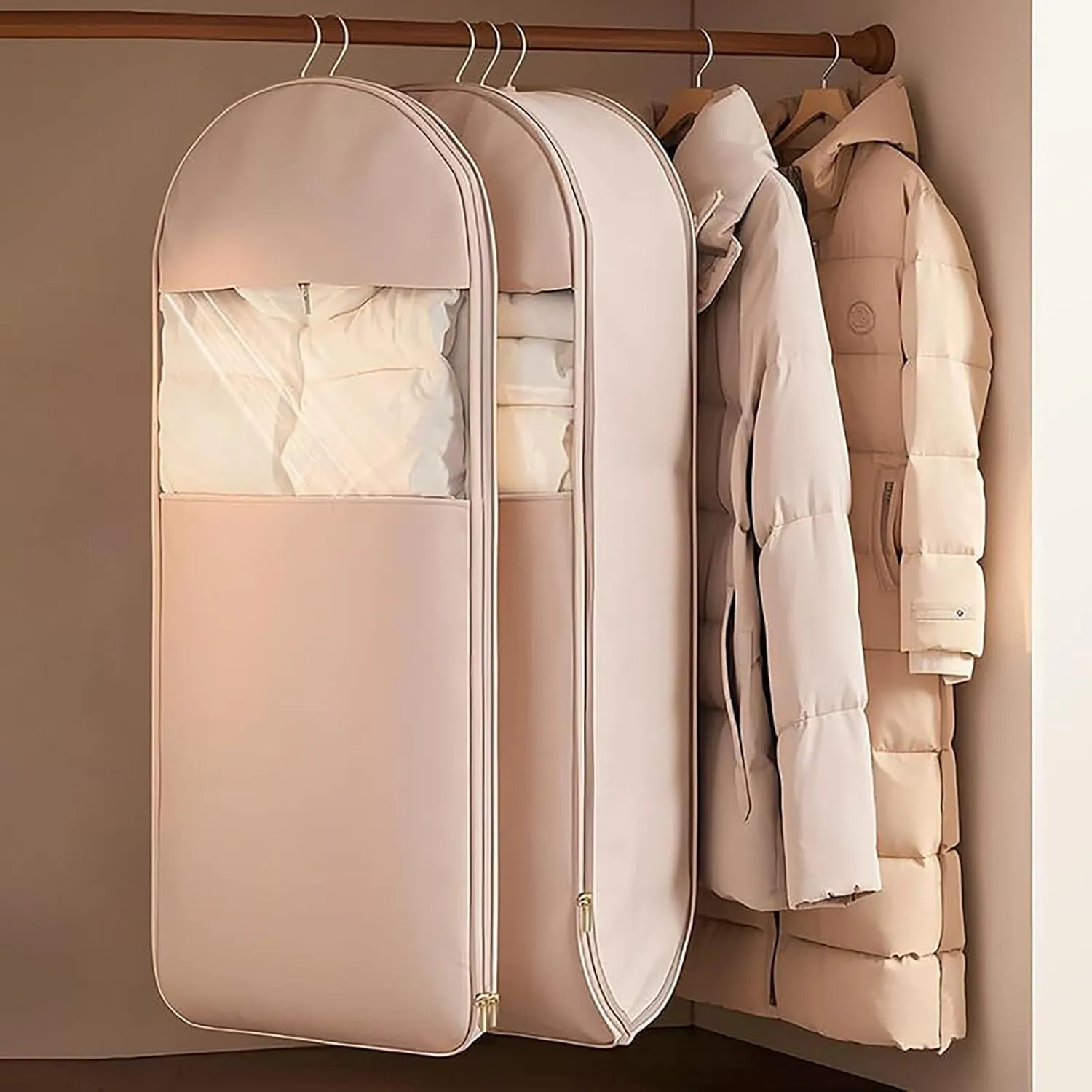 Space Saving Hanging Garment Bag With Self Compression Zipper, Winter Coat Storage Bags, Garment Bags for Hanging Clothes, Heavy Duty Clear Bag for Down Coat (Pink,M)