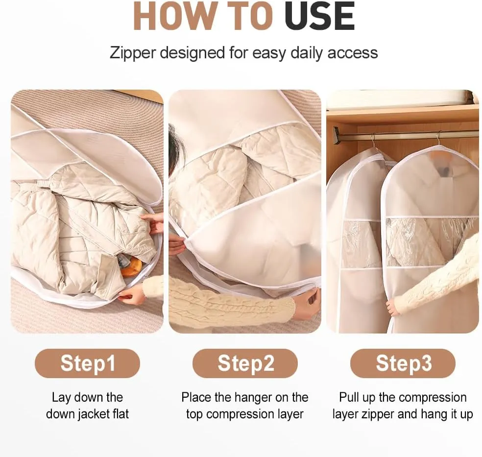 Space Saving Hanging Garment Bag with Self Compression Zipper,2025 NEW Space Saver Closet Organizers,Dust Cover Clothes Bags for Down Coat (M)