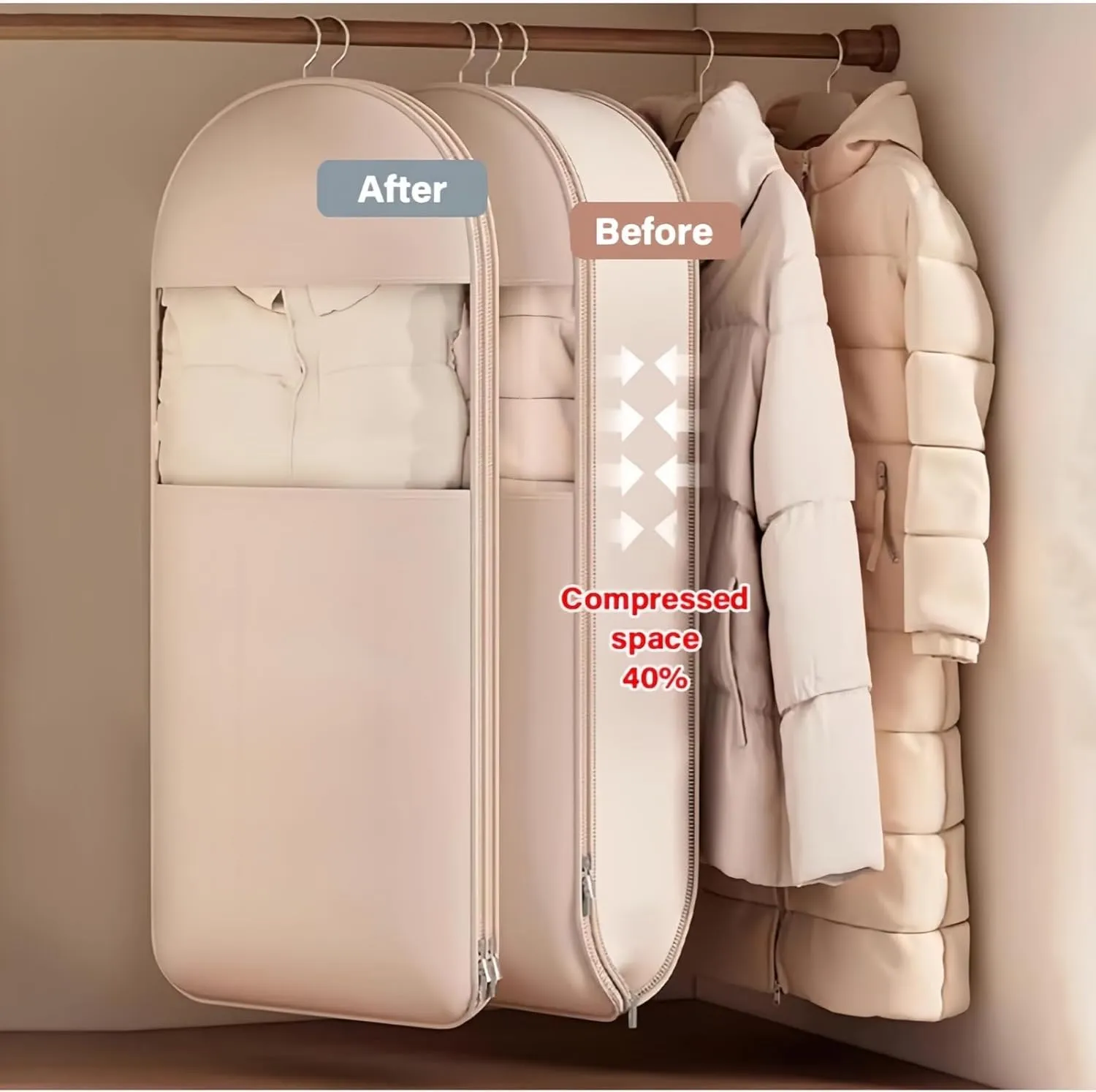 Space Saving Hanging Garment Bag with Self Compression Zipper,Down Jacket Hanging Protective Bag,Wardrobe Storage Bag Suitable for Storing Winter Coats(3 Colors)(Gray,X-Large)