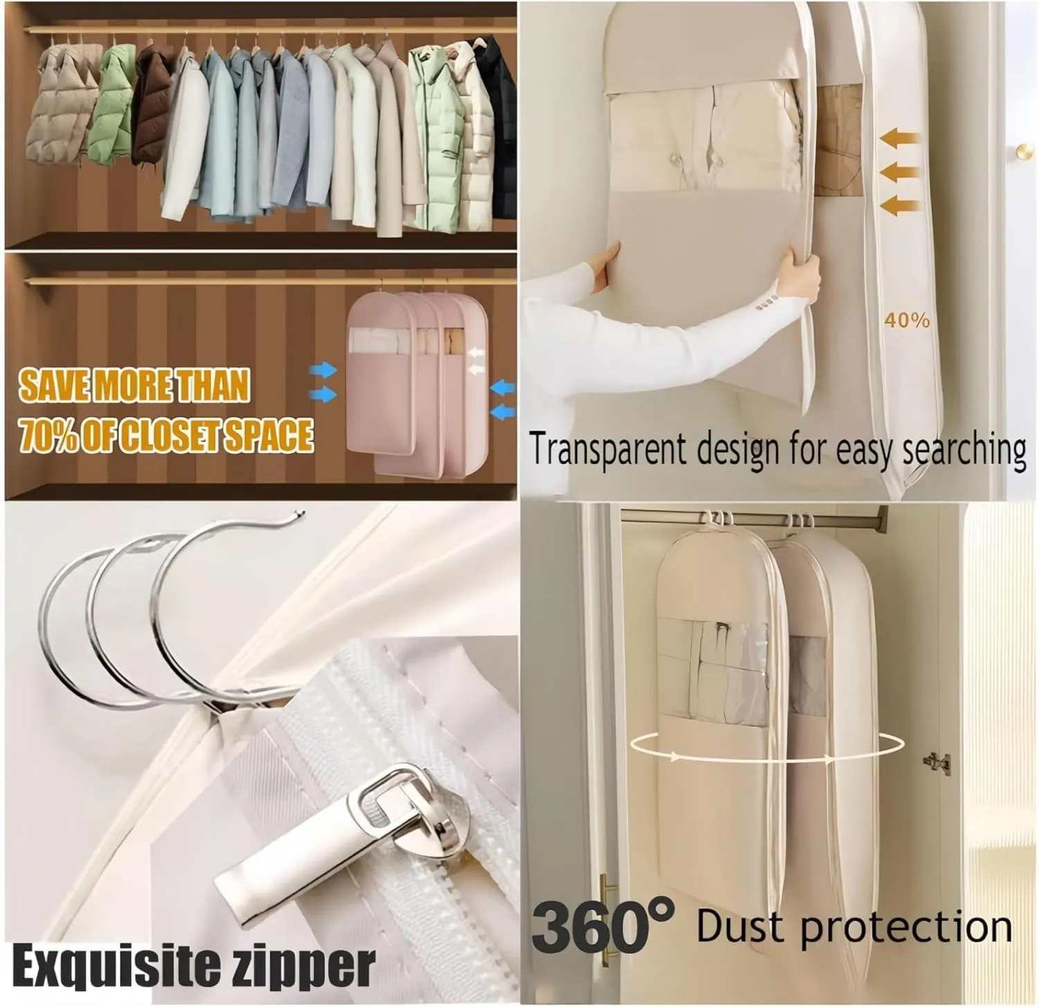 Space Saving Hanging Garment Bag with Self Compression Zipper,Down Jacket Hanging Protective Bag,Wardrobe Storage Bag Suitable for Storing Winter Coats(3 Colors)(Gray,X-Large)
