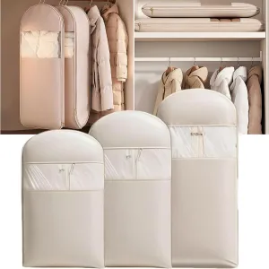 Space Saving Hanging Garment Bag with Self Compression Zipper,Dust Cover Clothes Bags for Down Coat,Space Saver Closet Organizers, for Closet Storage (Beige, 3PCS(M L XL))