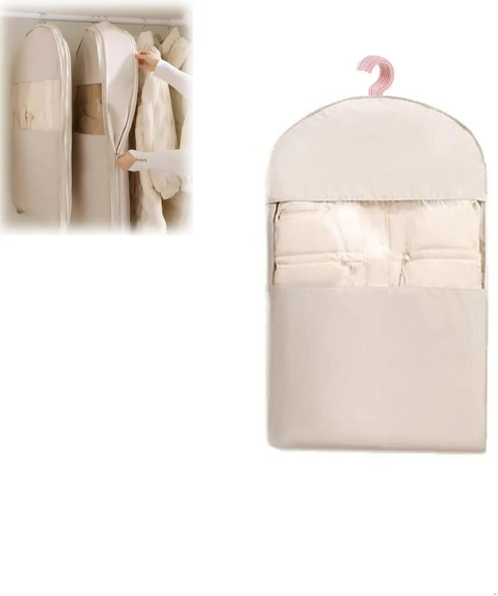 Space Saving Hanging Garment Bag with Self Compression Zipper,Dustproof Clothes Storage for Down Coats, Winter Jackets,Thick Closet Organizer Storage & Space Saver Bags (Beige, M(58 * 90cm))