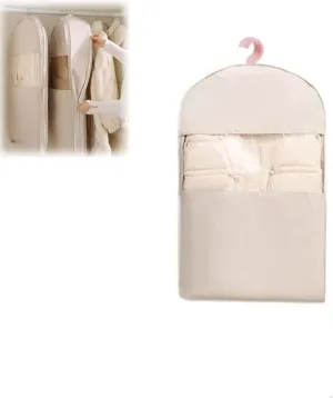 Space Saving Hanging Garment Bag with Self Compression Zipper,Dustproof Clothes Storage for Down Coats, Winter Jackets,Thick Closet Organizer Storage & Space Saver Bags (Beige, M(58 * 90cm))