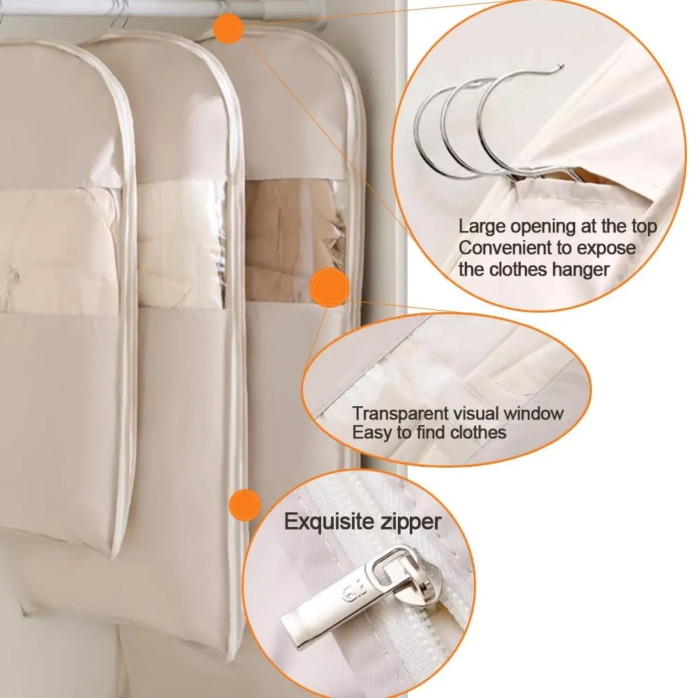 Space Saving Hanging Garment Bag with Self Compression Zipper,Dustproof Clothes Storage for Down Coats, Winter Jackets,Thick Closet Organizer Storage & Space Saver Bags (Beige, M(58 * 90cm))