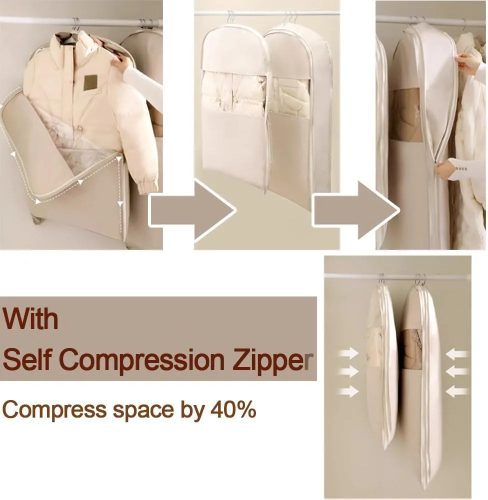 Space Saving Hanging Garment Bag with Self Compression Zipper,Dustproof Clothes Storage for Down Coats, Winter Jackets,Thick Closet Organizer Storage & Space Saver Bags (Beige, M(58 * 90cm))