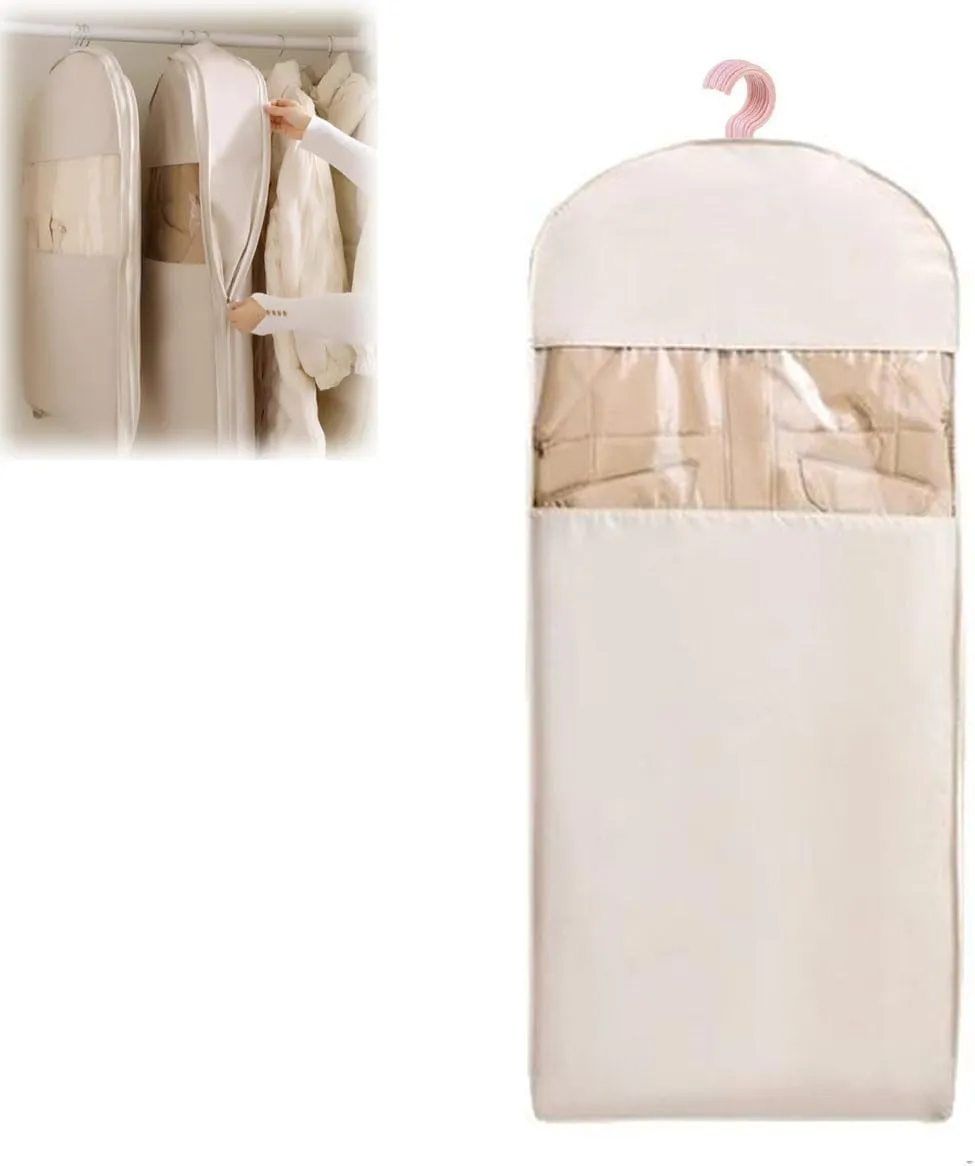 Space Saving Hanging Garment Bag with Self Compression Zipper,Dustproof Clothes Storage for Down Coats, Winter Jackets,Thick Closet Organizer Storage & Space Saver Bags (Beige, XL(58 * 130cm))