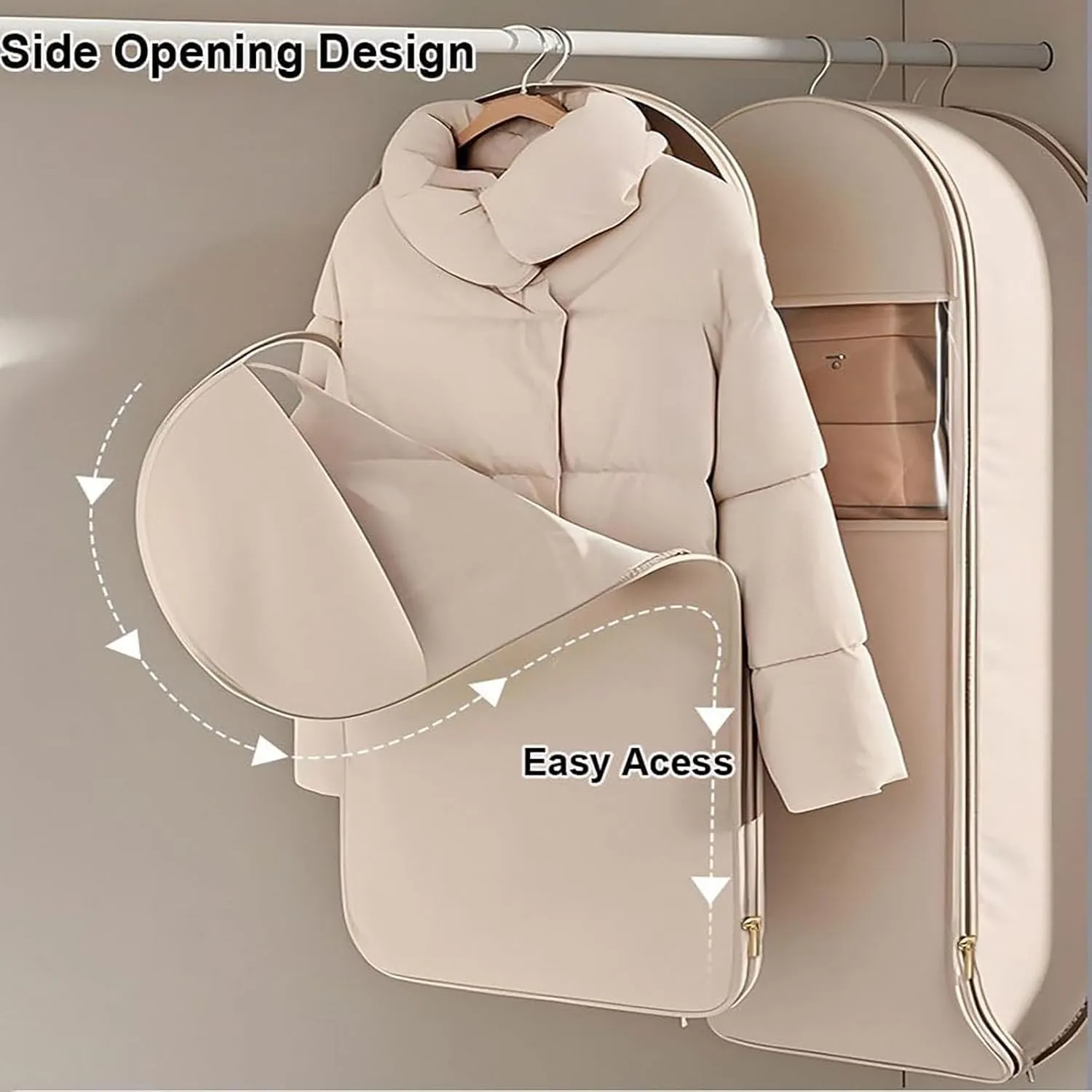 Space Saving Hanging Garment Bag with Self Compression Zipper,Hanging Garment Bags for Closet Storage,Space Saver Closet Organizers,Dust Cover Clothes Bags for Down Coat (Beige, M)