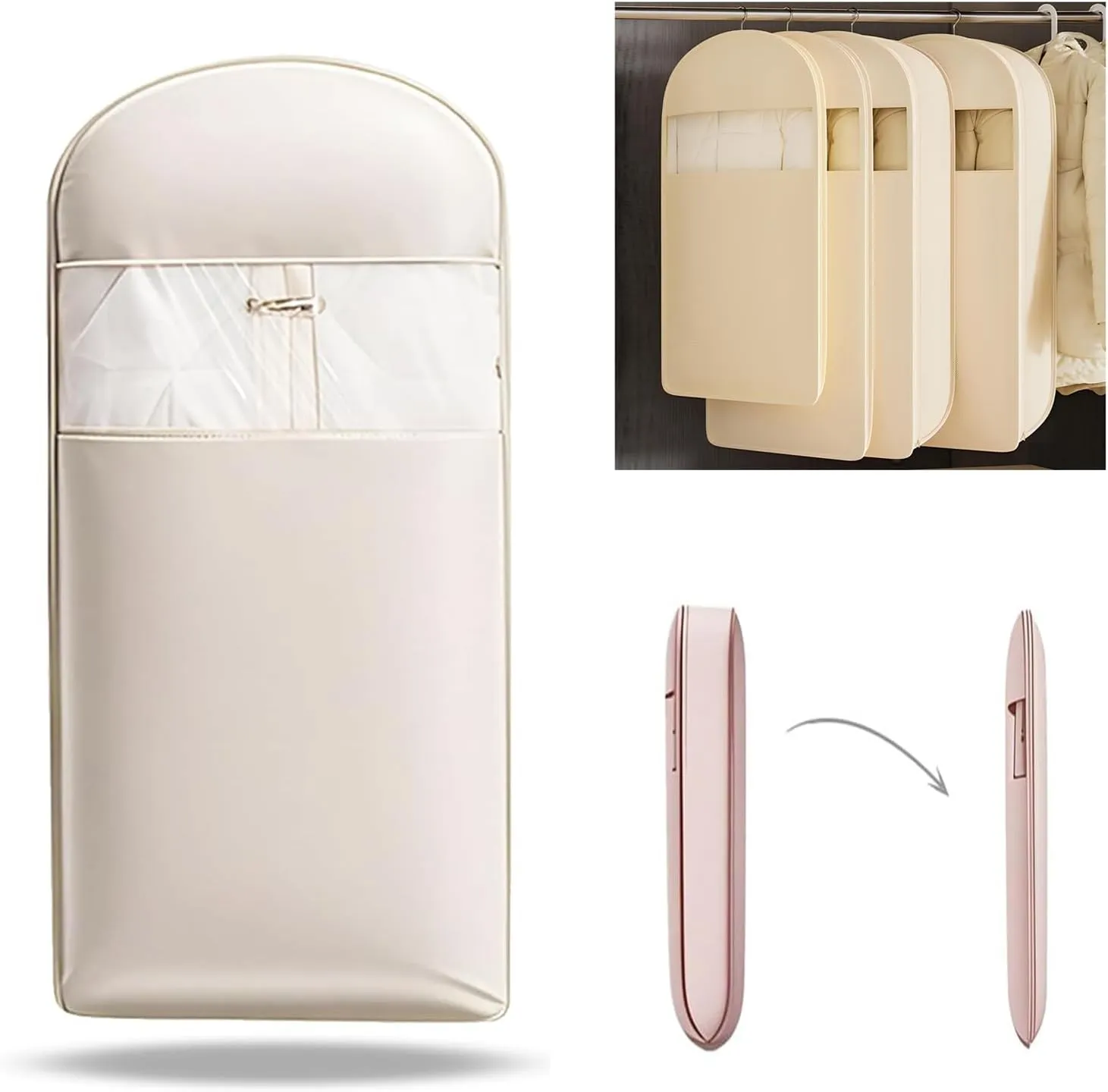 Space Saving Hanging Garment Bag with Self Compression Zipper,Hanging Garment Bags for Closet Storage,Space Saver Closet Organizers,Dust Cover Clothes Bags for Down Coat (Beige, M)