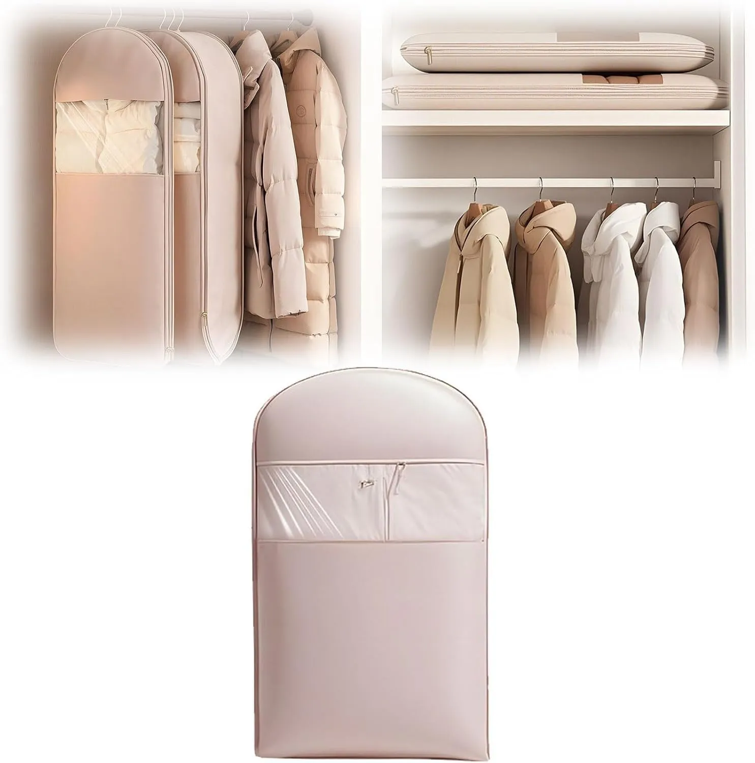 Space Saving Hanging Garment Bag with Self Compression Zipper,Space Saver Closet Organizers,Dust Cover Clothes Bags for Down Coat (Beige, Medium) (Beige,Large)