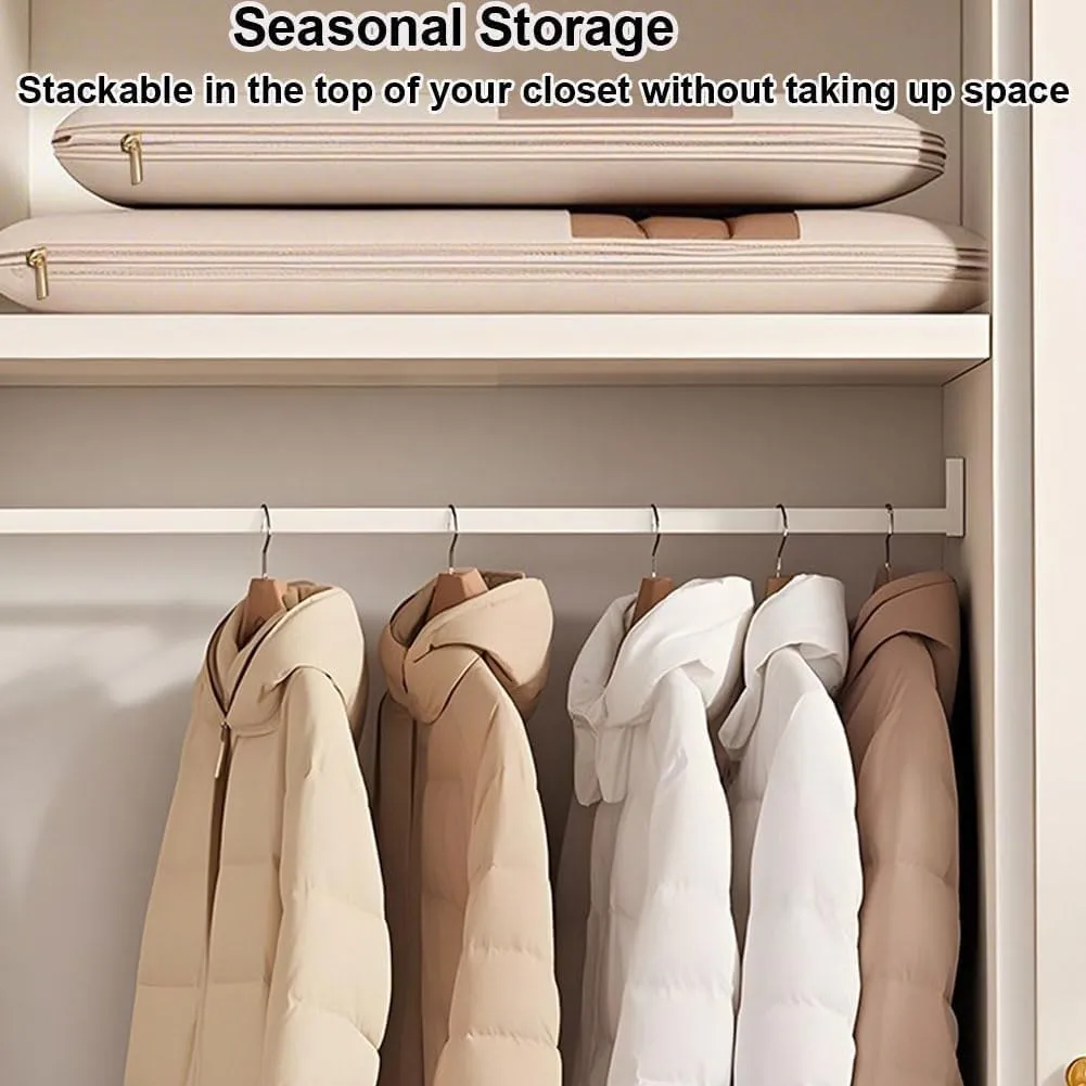 Space Saving Hanging Garment Bag with Self Compression Zipper,Space Saver Closet Organizers,Dust Cover Clothes Bags for Down Coat (Beige, Medium) (Beige,X-Large)