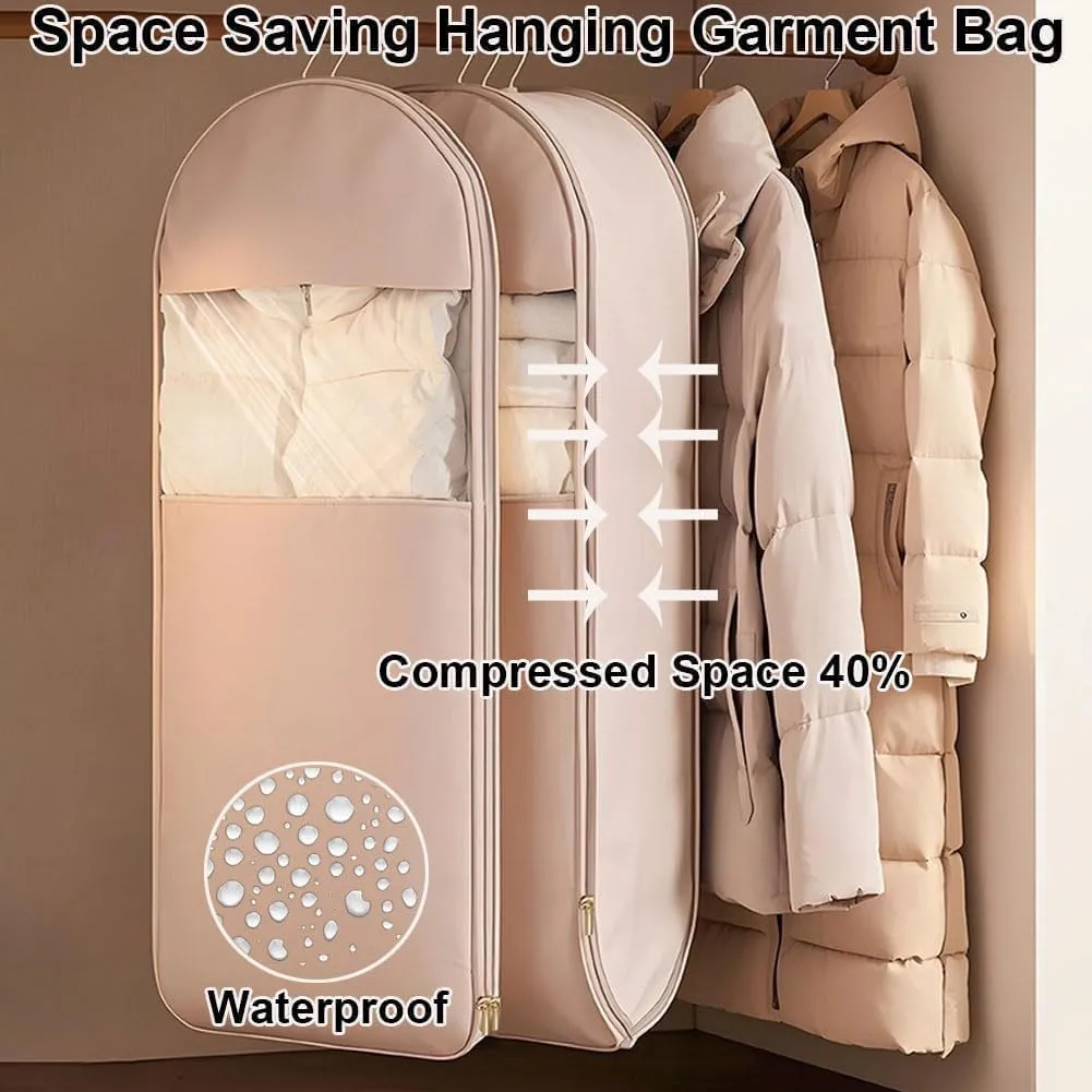 Space Saving Hanging Garment Bag with Self Compression Zipper,Space Saver Closet Organizers,Dust Cover Clothes Bags for Down Coat (Beige, Medium) (Beige,X-Large)