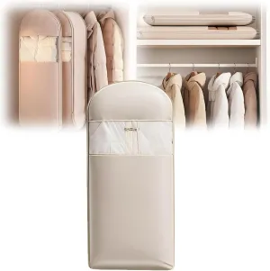Space Saving Hanging Garment Bag with Self Compression Zipper,Space Saver Closet Organizers,Dust Cover Clothes Bags for Down Coat (Beige, Medium) (Beige,X-Large)
