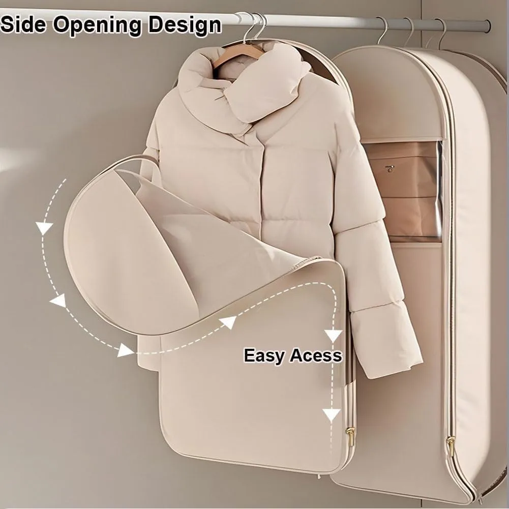 Space Saving Hanging Garment Bag with Self Compression Zipper,Space Saver Closet Organizers,Dust Cover Clothes Bags for Down Coat (Beige, Medium) (Beige,X-Large)