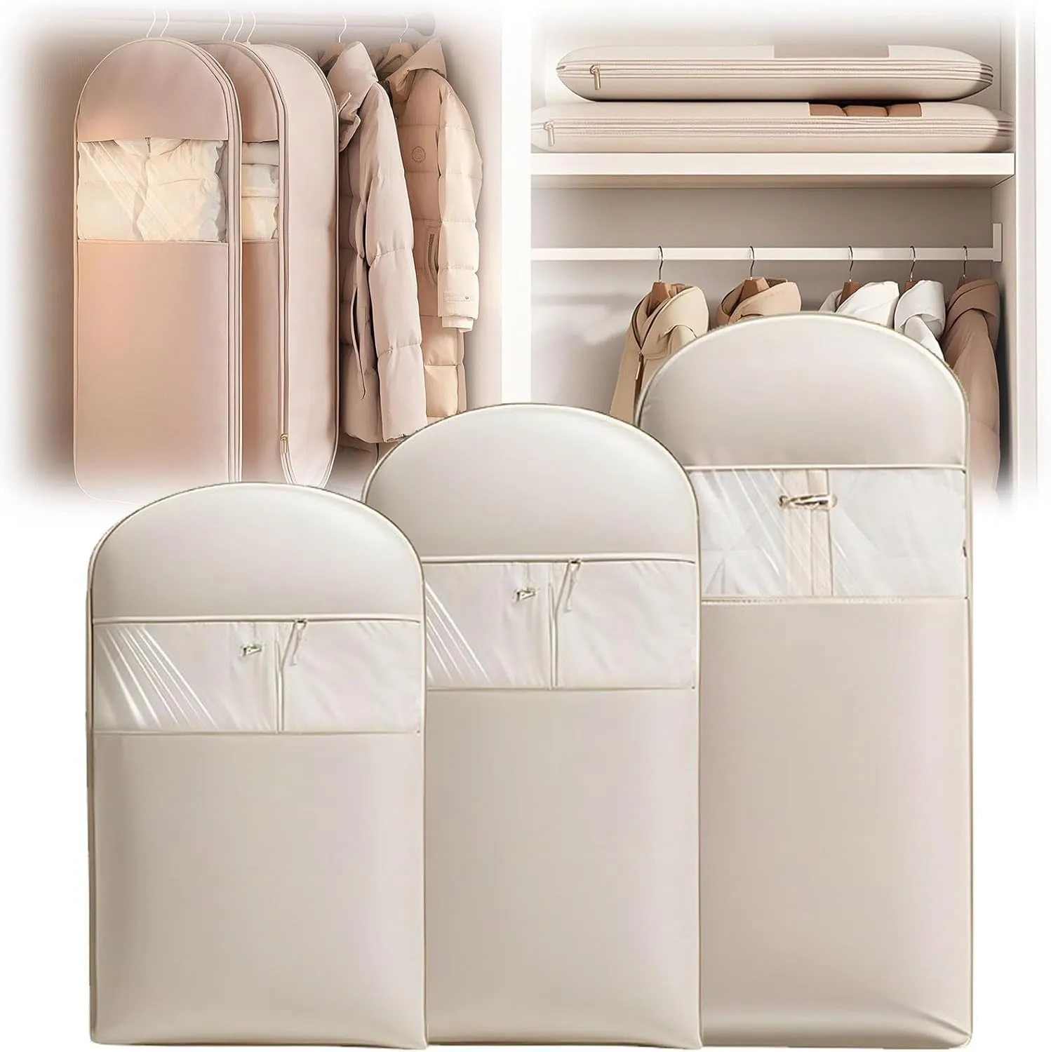 Space Saving Hanging Garment Bag with Self Compression Zipper,Space Saver Closet Organizers,Dust Cover Clothes Bags for Down Coat (Beige, (Medium Large X-Large)3Pcs)