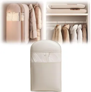Space Saving Hanging Garment Bag with Self Compression Zipper,Space Saver Closet Organizers,Dust Cover Clothes Bags for Down Coat (Beige, Medium)