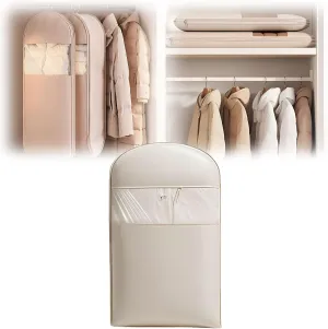 Space Saving Hanging Garment Bag with Self Compression Zipper,Space Saver Closet Organizers,Dust Cover Clothes Bags for Down Coat (Beige, Medium)