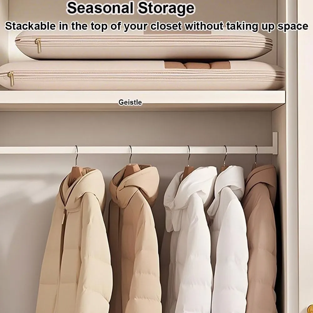 Space Saving Hanging Garment Bag with Self Compression Zipper,Space Saver Closet Organizers,Dust Cover Clothes Bags for Down Coat (Beige, Medium)