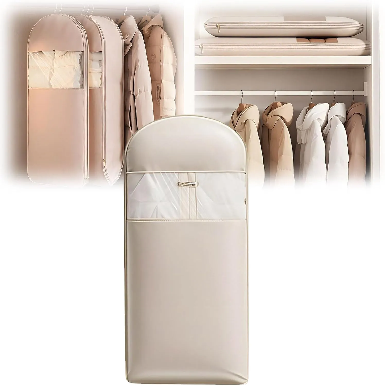 Space Saving Hanging Garment Bag with Self Compression Zipper,Space Saver Closet Organizers,Dust Cover Clothes Bags for Down Coat (Beige, X-Large)