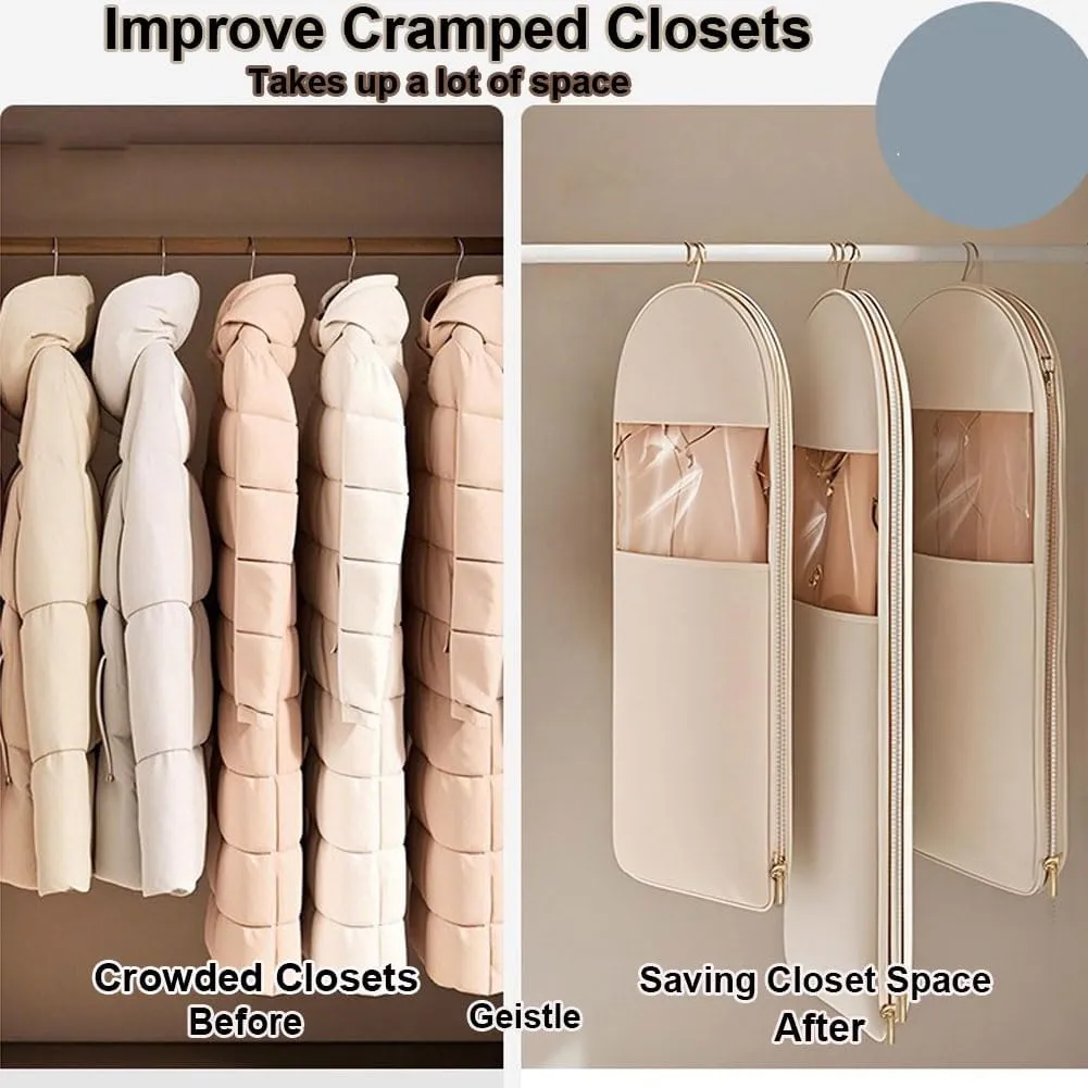 Space Saving Hanging Garment Bag with Self Compression Zipper,Space Saver Closet Organizers,Dust Cover Clothes Bags for Down Coat (Beige, X-Large)