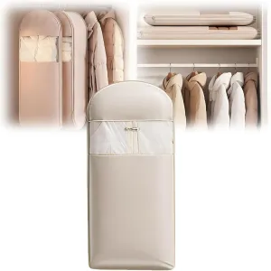 Space Saving Hanging Garment Bag with Self Compression Zipper,Space Saver Closet Organizers,Dust Cover Clothes Bags for Down Coat (Beige, X-Large)