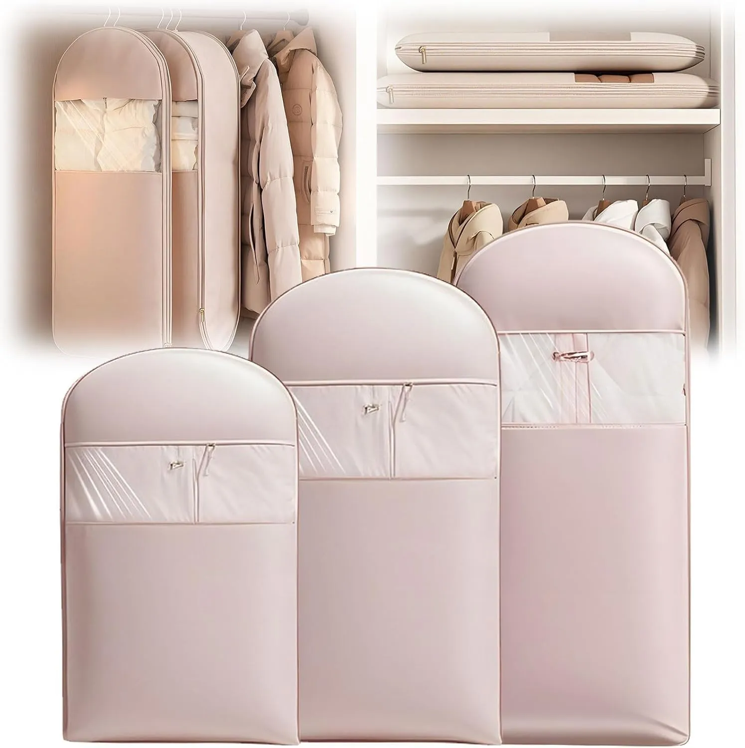 Space Saving Hanging Garment Bag with Self Compression Zipper,Space Saver Closet Organizers,Dust Cover Clothes Bags for Down Coat (Pink, (Medium Large X-Large)3Pcs)