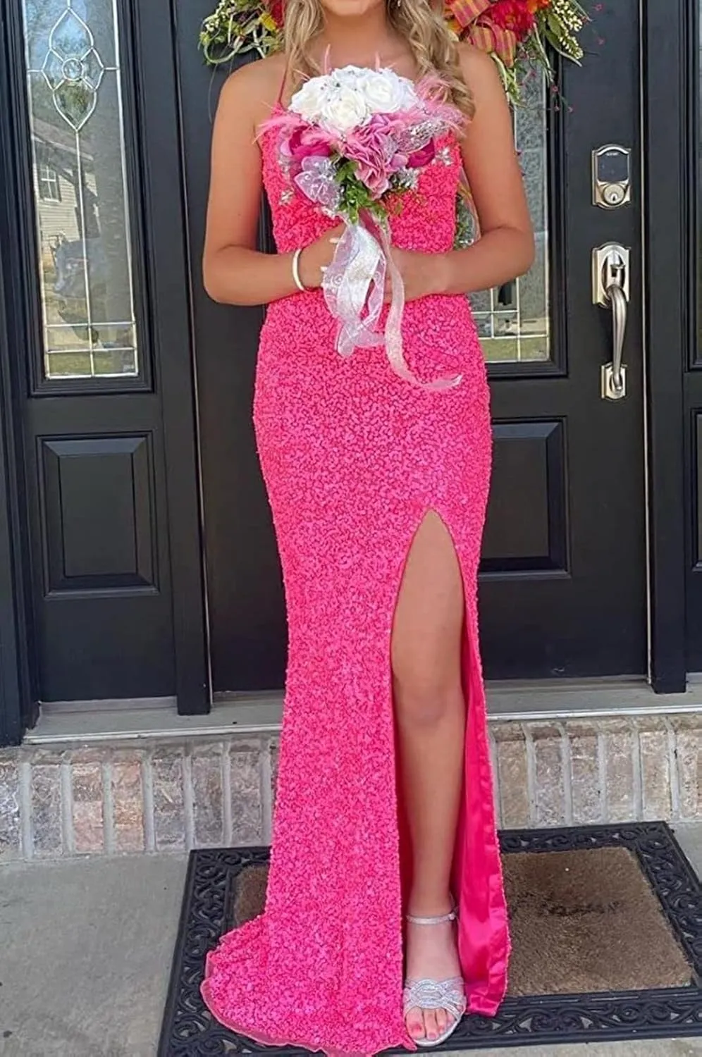 Spaghetti Straps Prom Dress with Slit Womens Dresses Long Evening Party Formal Gowns Sequin Prom Dresses