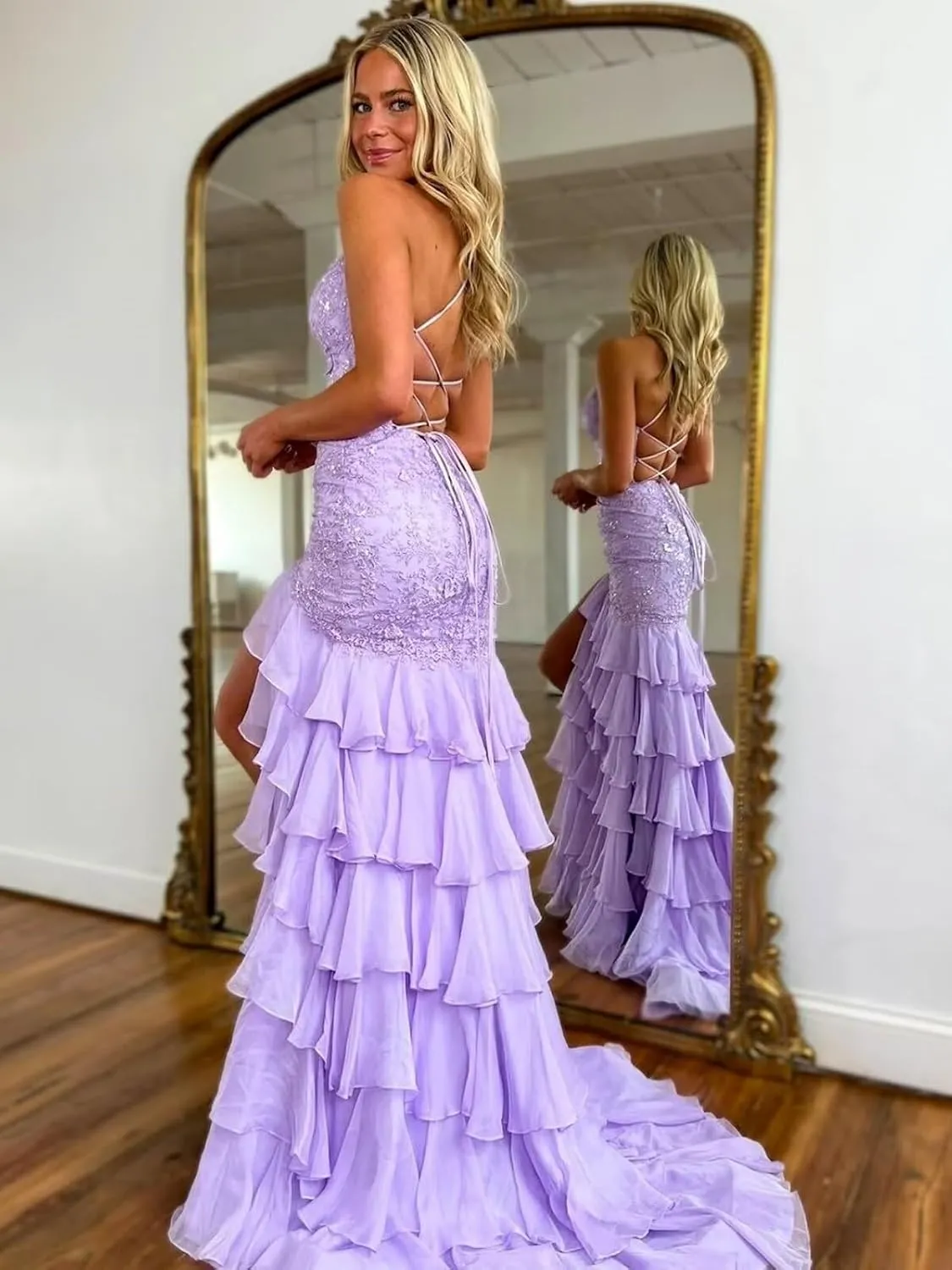 Spaghetti Straps Tiered Prom Dresses with Slit Mermaid Lace Backless Formal Cocktail Dresses for Women