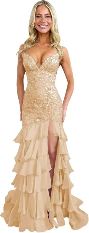Spaghetti Straps Tiered Prom Dresses with Slit Mermaid Lace Backless Formal Cocktail Dresses for Women