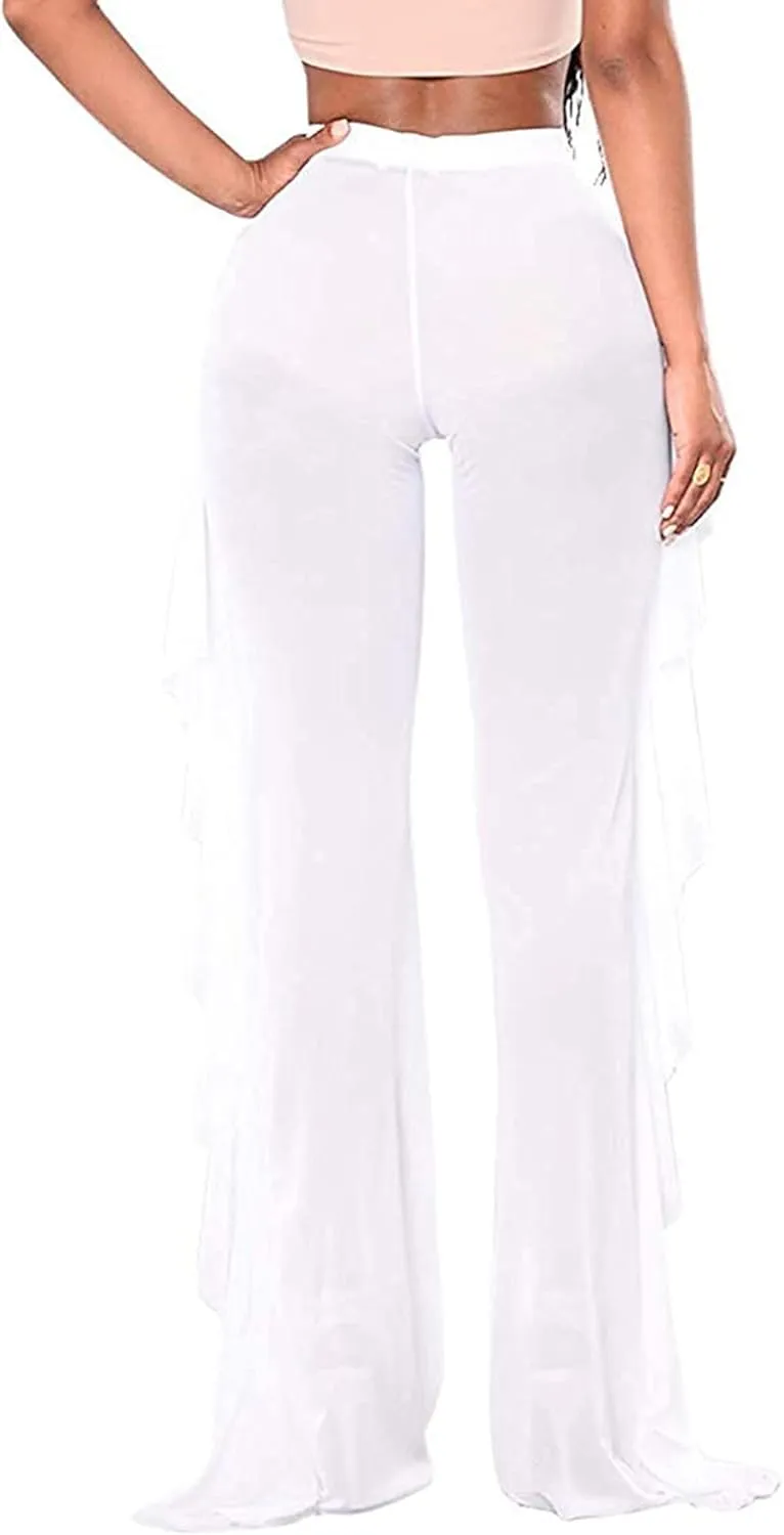 Springcmy Women Ruffle Sheer Mesh Pants See Through Bikini Bottom Swimsuit Cover up Wide Leg Beach Pants