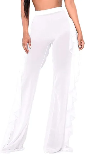 Springcmy Women Ruffle Sheer Mesh Pants See Through Bikini Bottom Swimsuit Cover up Wide Leg Beach Pants