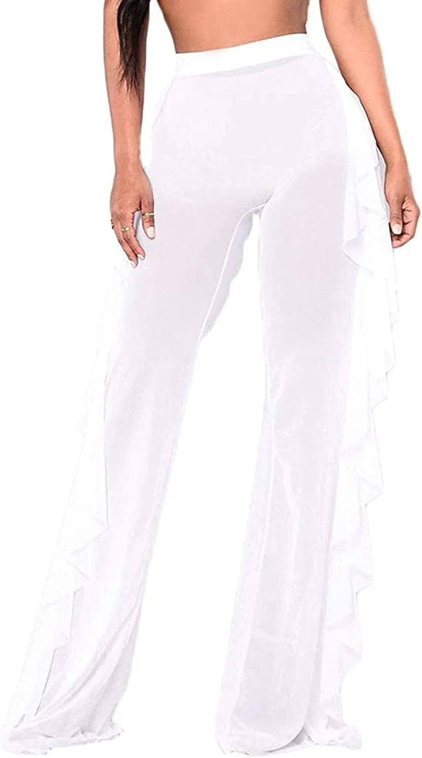 Springcmy Women Ruffle Sheer Mesh Pants See Through Bikini Bottom Swimsuit Cover up Wide Leg Beach Pants