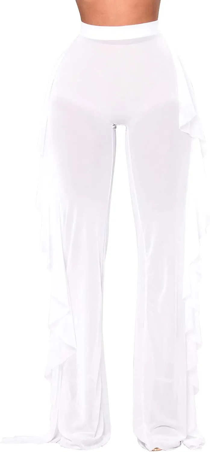 Springcmy Women Ruffle Sheer Mesh Pants See Through Bikini Bottom Swimsuit Cover up Wide Leg Beach Pants