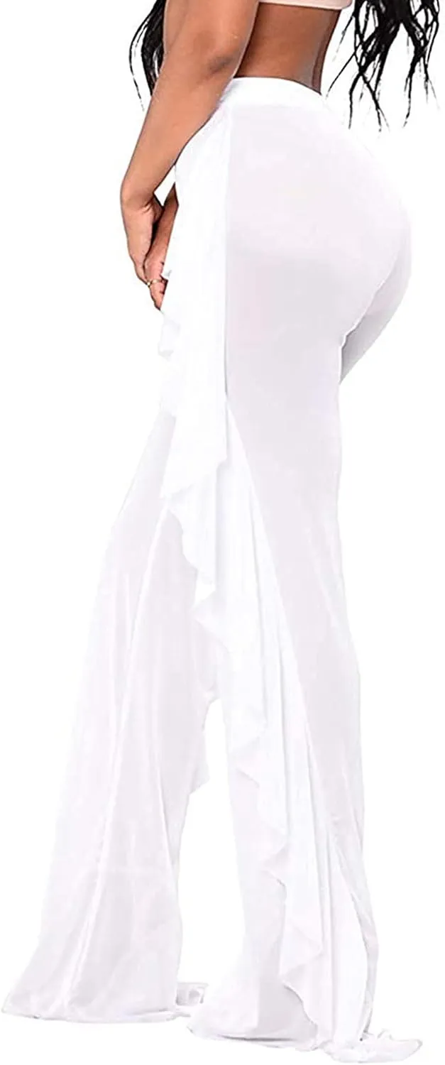 Springcmy Women Ruffle Sheer Mesh Pants See Through Bikini Bottom Swimsuit Cover up Wide Leg Beach Pants