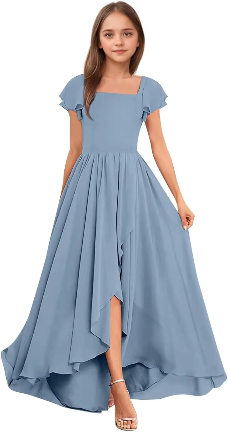 Square Neck Junior Bridesmaid Dresses Long Chiffon A Line Flower Girl Dress for Wedding