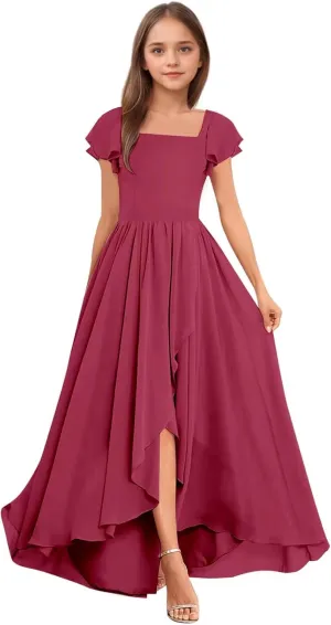 Square Neck Junior Bridesmaid Dresses Long Chiffon A Line Flower Girl Dress for Wedding